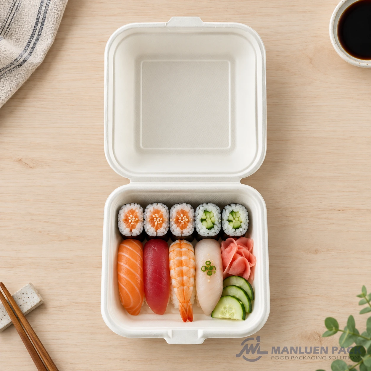 Bagasse clamshell food container serving assorted sushi rolls and garnishes