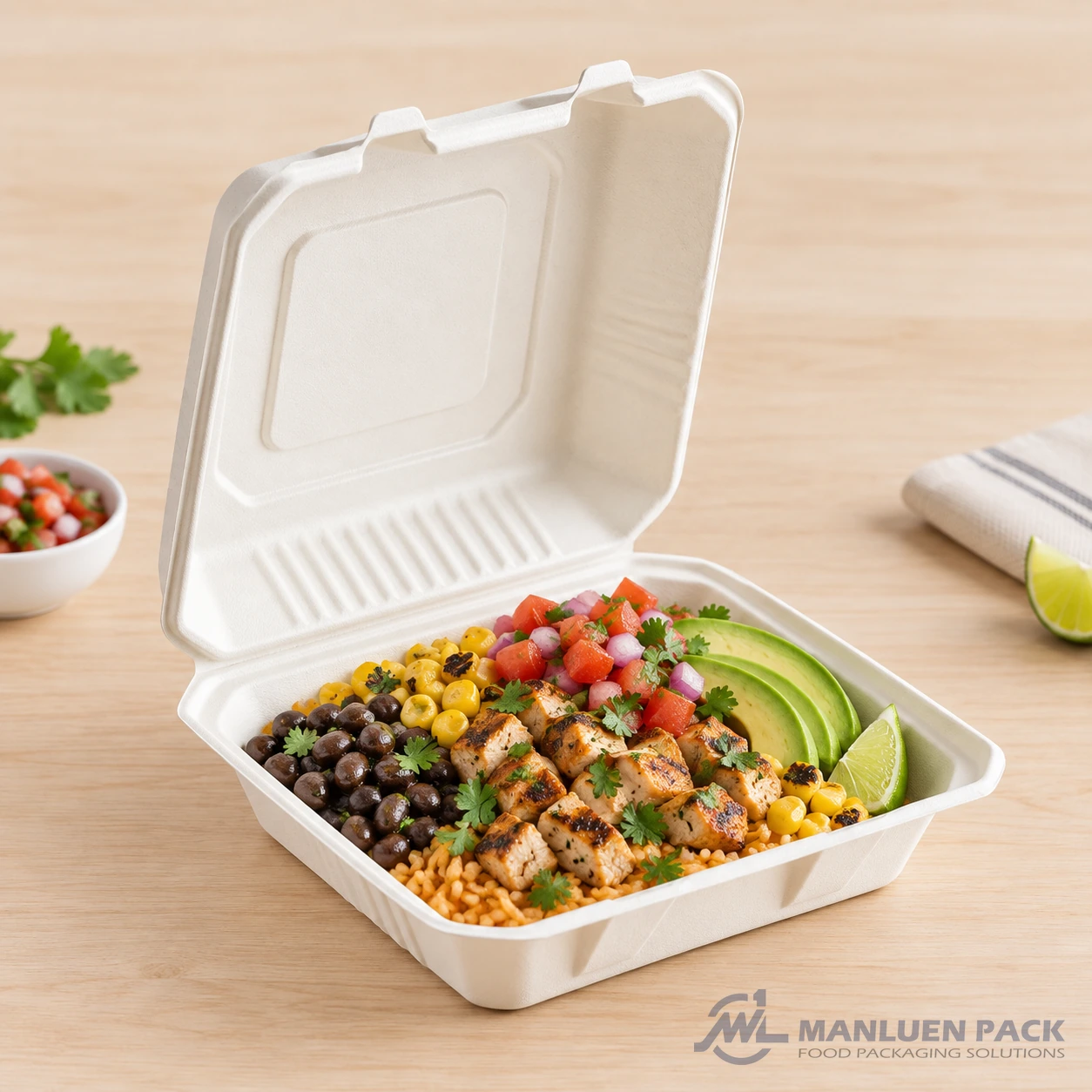 Bagasse clamshell container with a burrito bowl, avocado and fresh vegetables