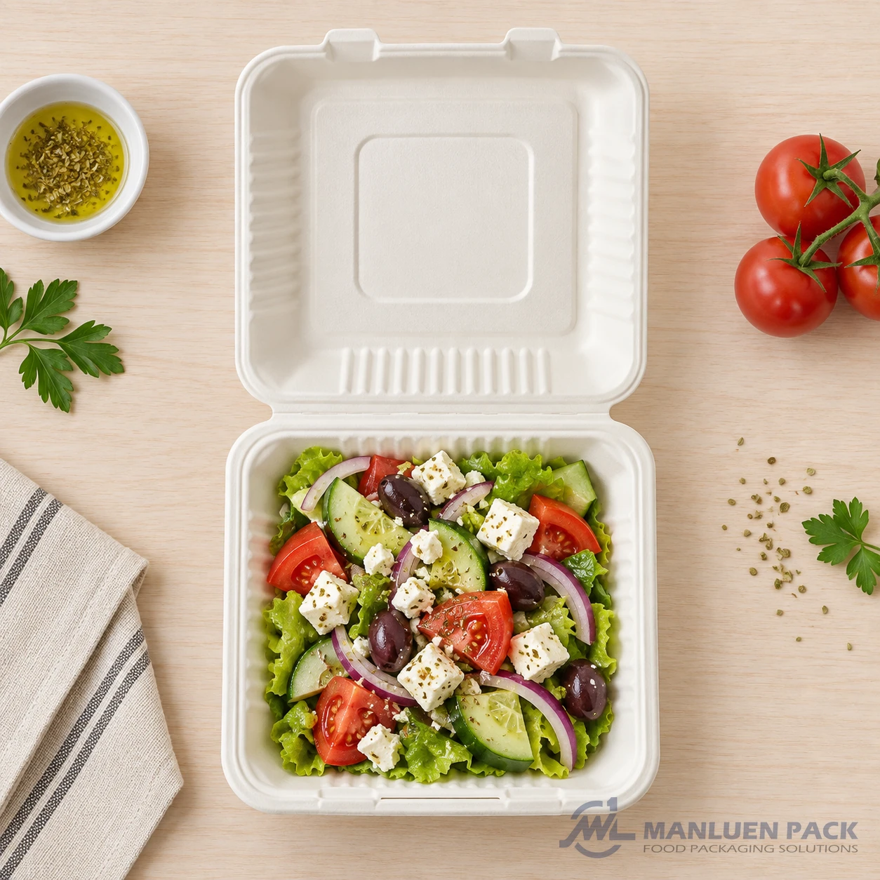 Bagasse clamshell food container holding Greek salad with feta and olives