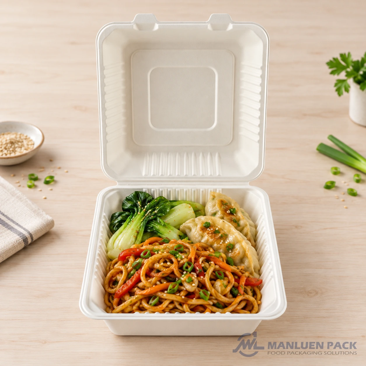 Bagasse clamshell food container with noodles, dumplings and vegetables