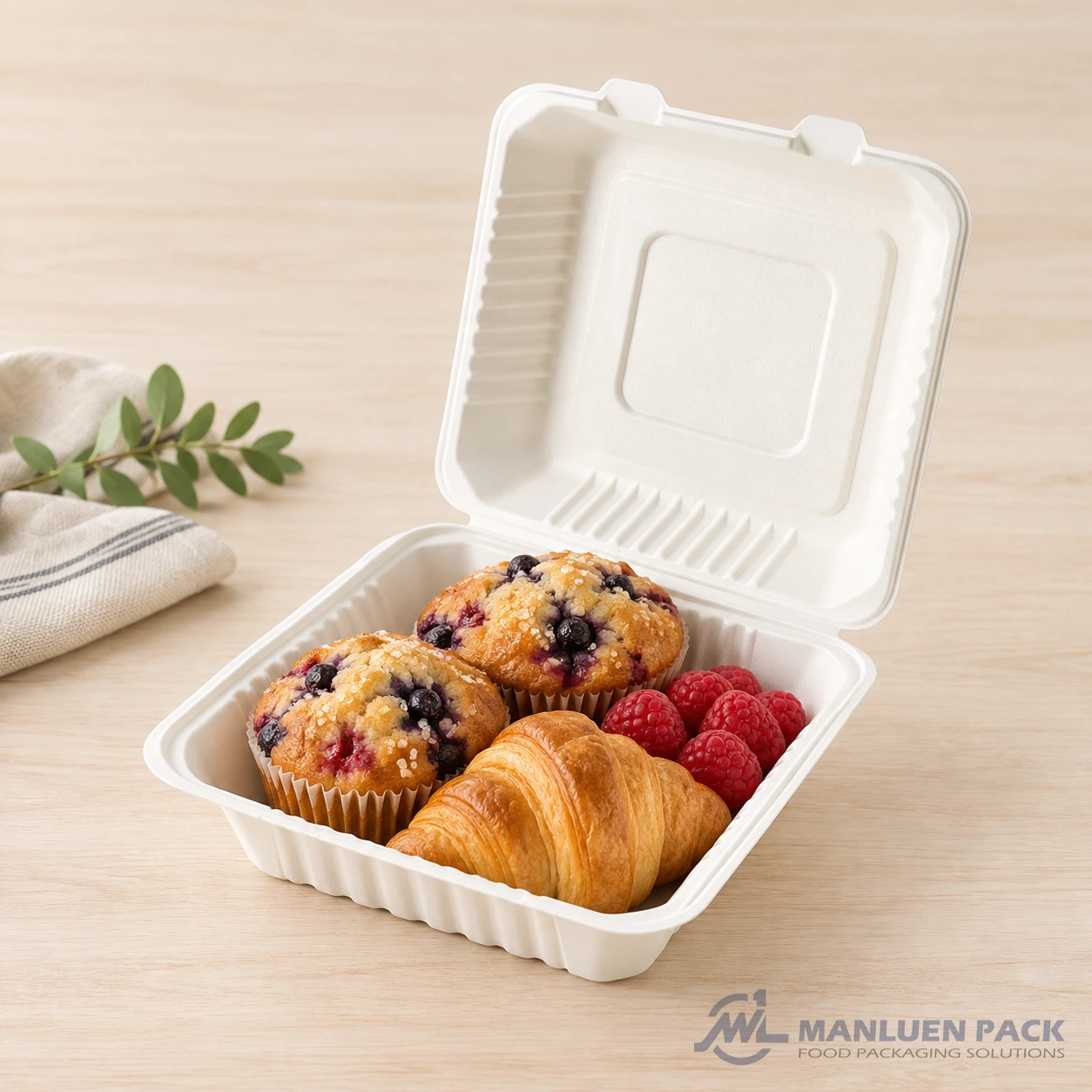 Bagasse clamshell food container holding pastries, muffins and fresh berries