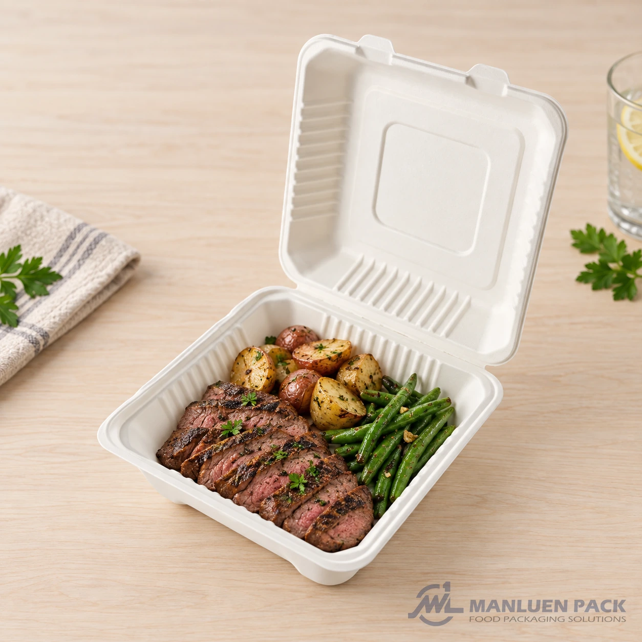 Bagasse clamshell container with sliced steak, roasted potatoes and green beans