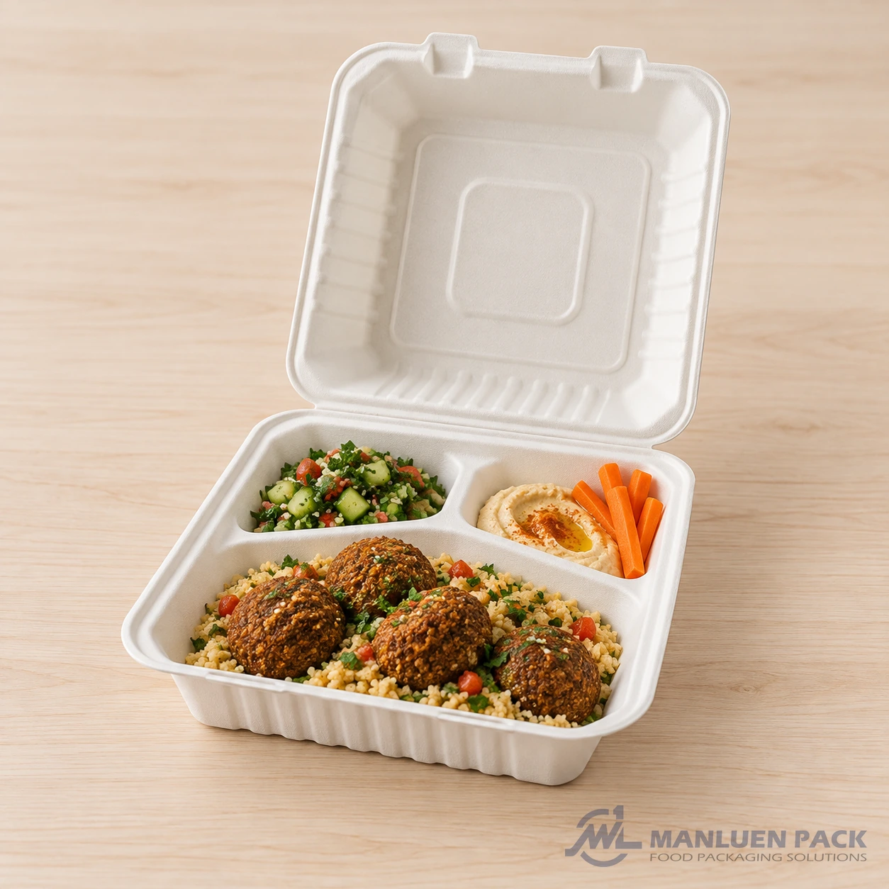 WL-BG83 Falafel Couscous Three Compartment Container | Manluen Pack WL-BG83 three compartment bagasse clamshell container with falafel couscous and side dishes