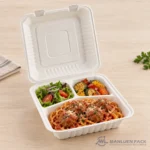 Three-compartment bagasse container with meatballs, pasta and vegetables