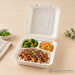 Three-compartment bagasse container with teriyaki chicken, rice and vegetables