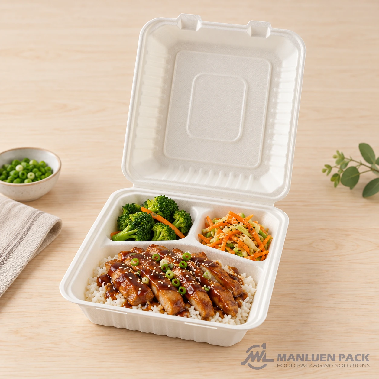 Three-compartment bagasse container with teriyaki chicken, rice and vegetables