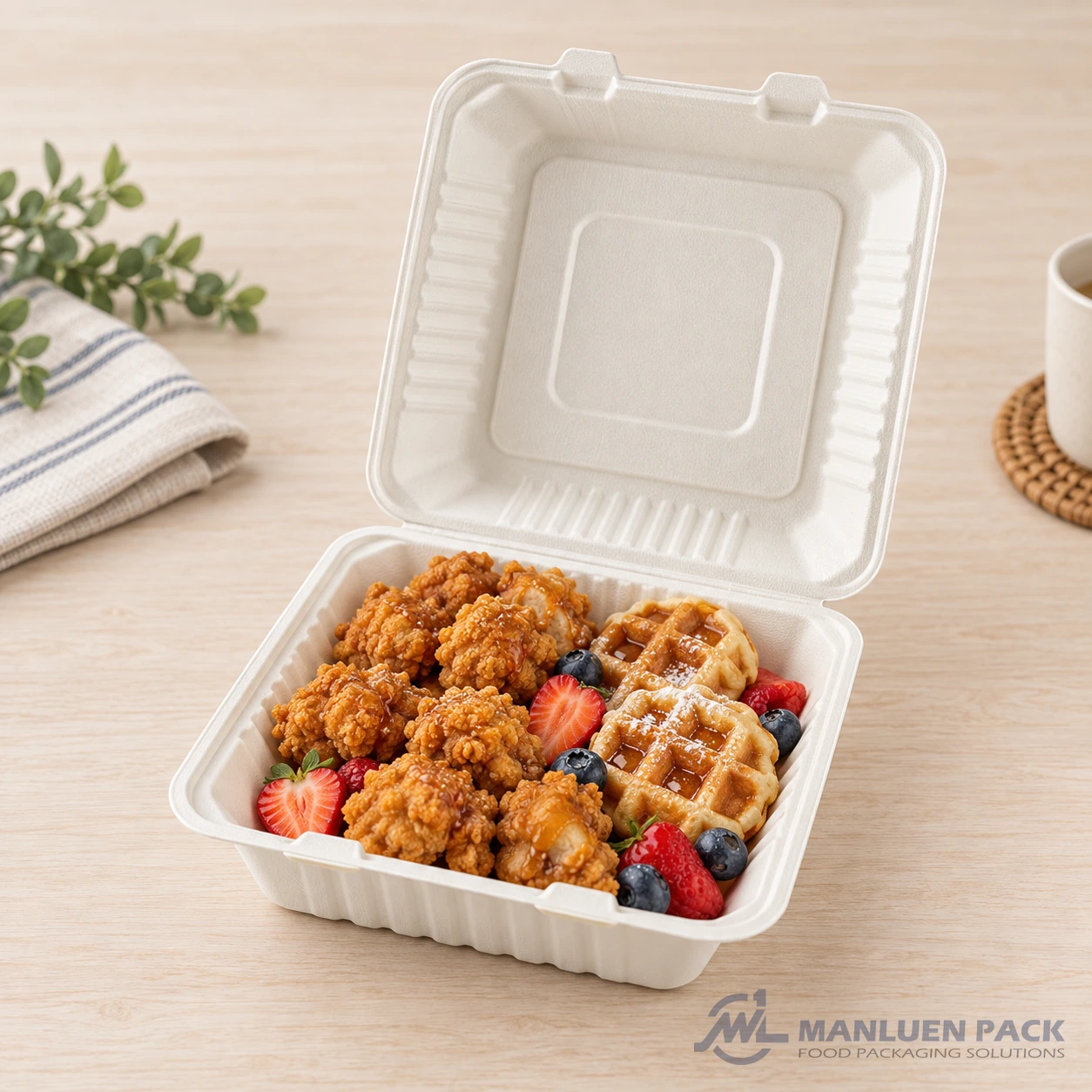 BG91 bagasse hinged clamshell food container filled with chicken and waffles in product view