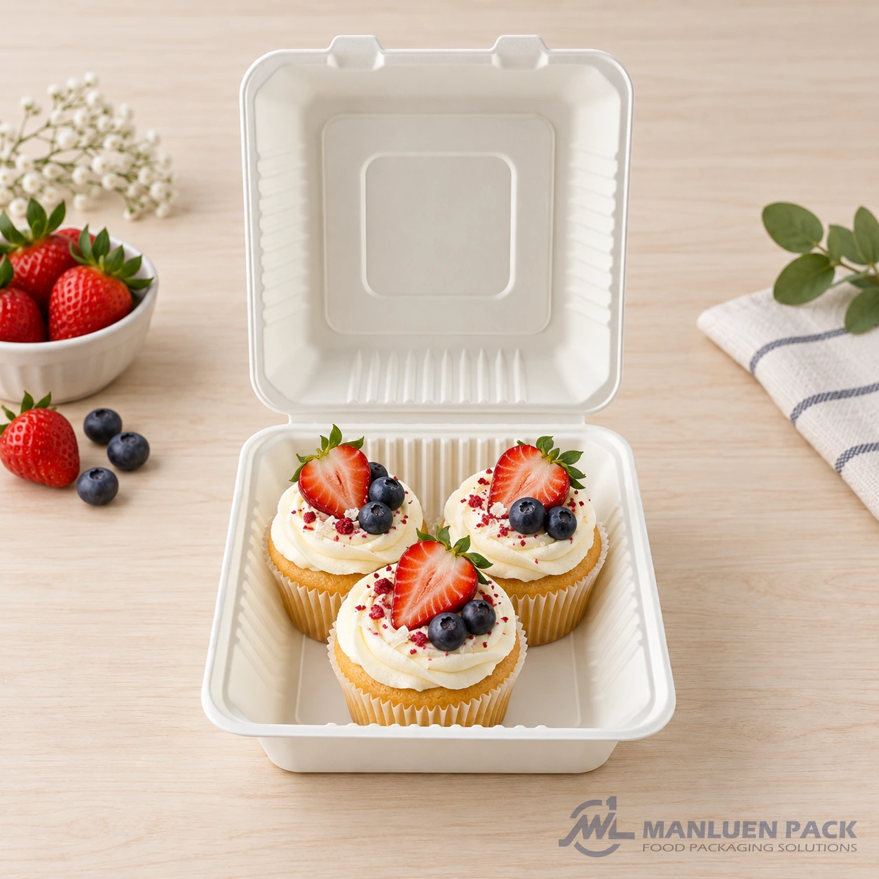 BG91 bagasse hinged clamshell food container filled with cupcakes fruit in product view
