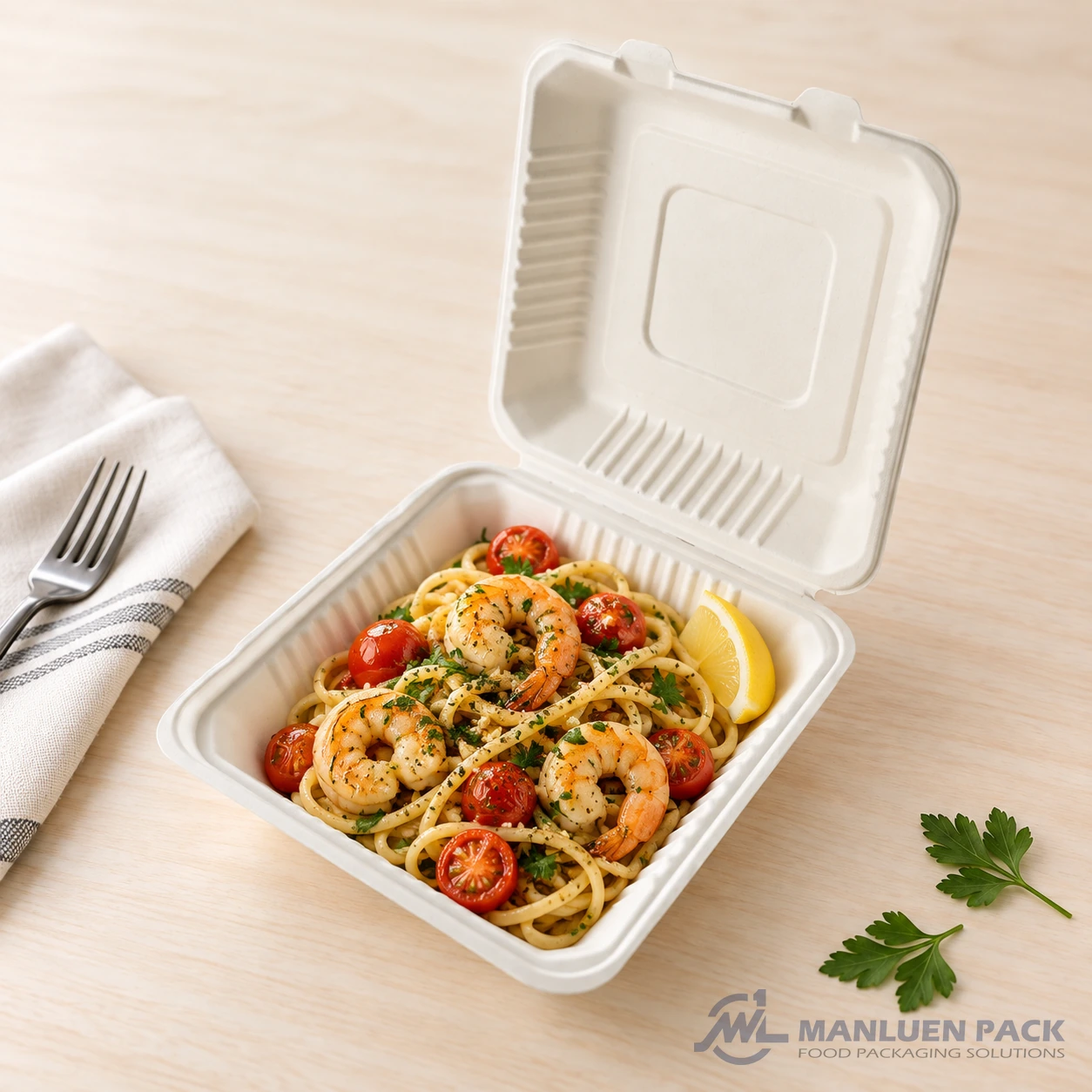 BG91 bagasse hinged clamshell food container filled with garlic shrimp pasta in product view