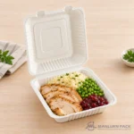 BG91 bagasse hinged clamshell food container filled with turkey and mashed potatoes in product view