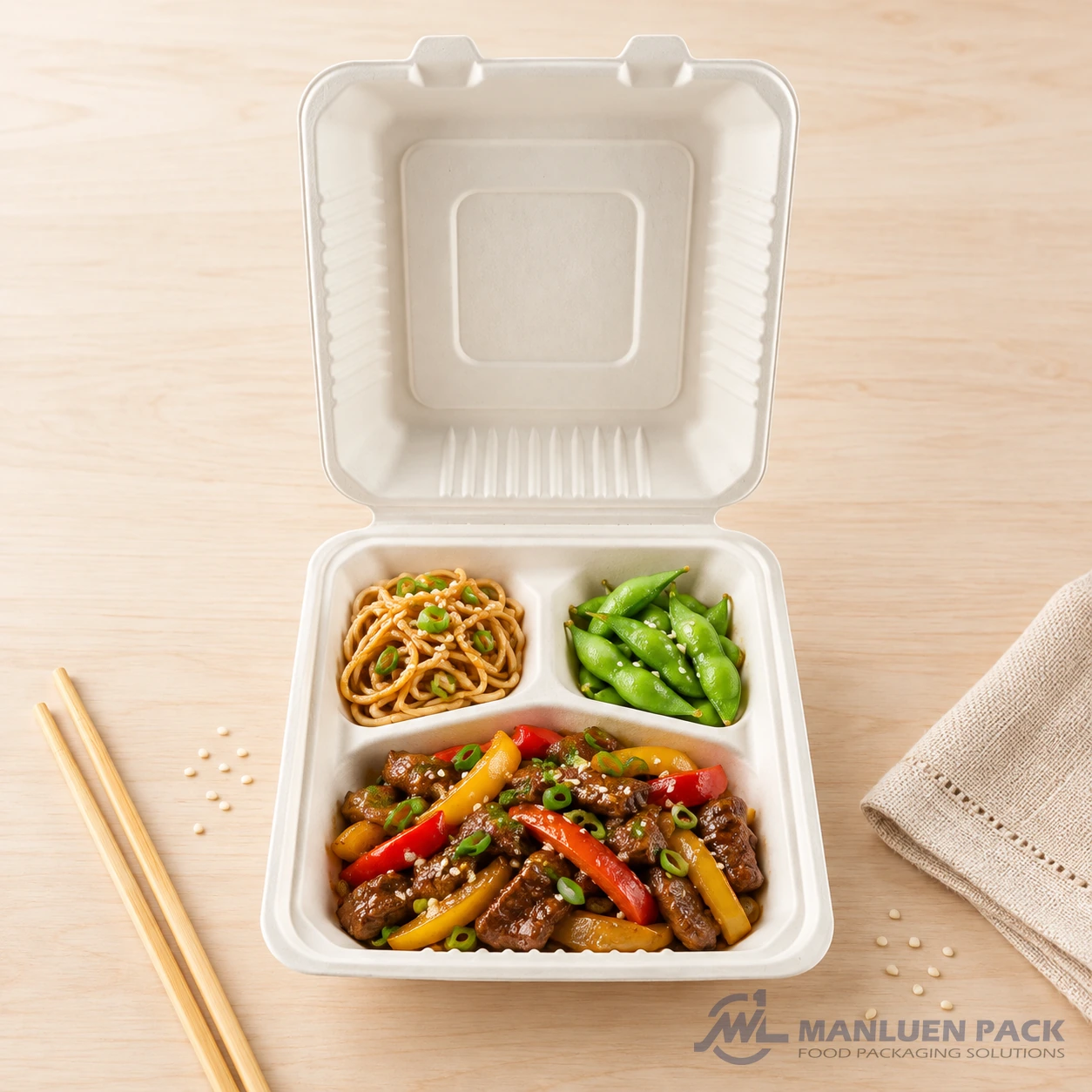 WL-BG93 Beef Stir Fry Three Compartment Container | Manluen Pack WL-BG93 compostable three compartment bagasse clamshell container with beef stir fry