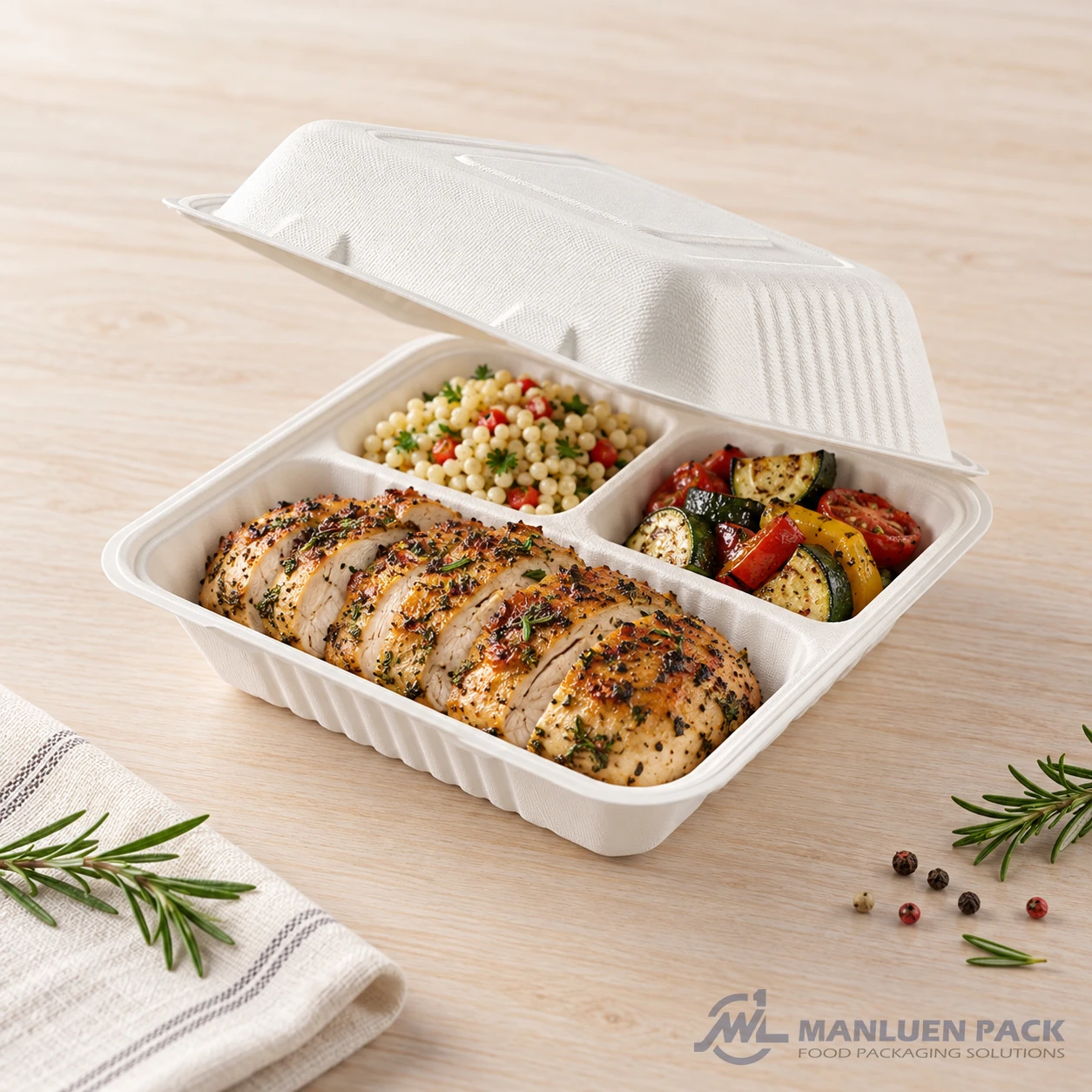 WL-BG93 Roast Chicken Three Compartment Container | Manluen Pack WL-BG93 divided bagasse clamshell container with roast chicken and side dishes