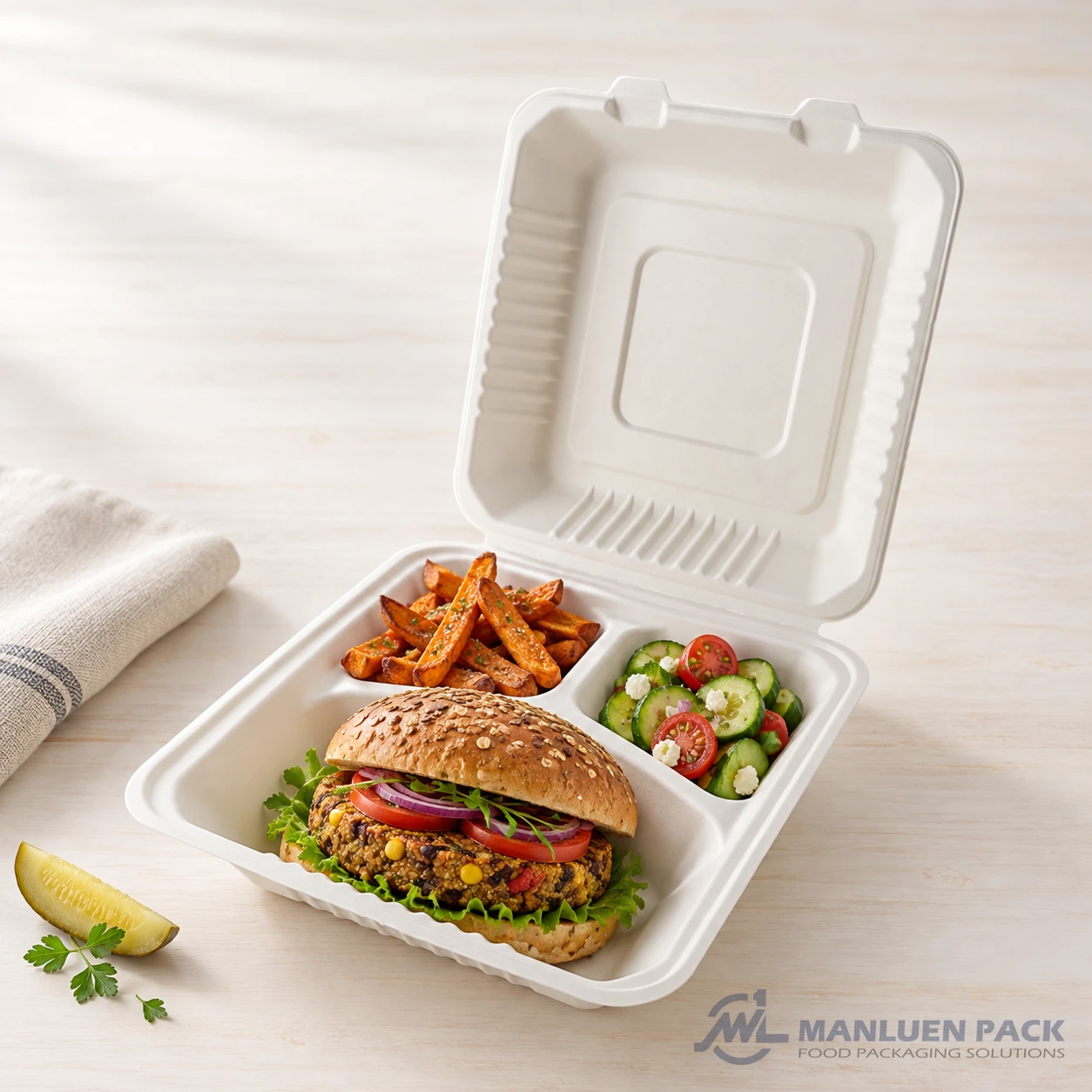 WL-BG93 Veggie Burger Three Compartment Container | Manluen Pack WL-BG93 three compartment bagasse clamshell container with veggie burger and side dishes