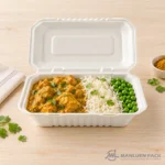 BG96 bagasse hinged clamshell food container filled with chicken curry rice in product view