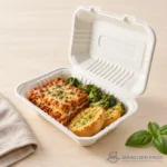 BG96 bagasse hinged clamshell food container filled with lasagna in product view