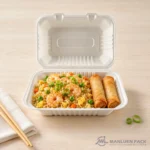 BG96 bagasse hinged clamshell food container filled with shrimp fried rice in product view