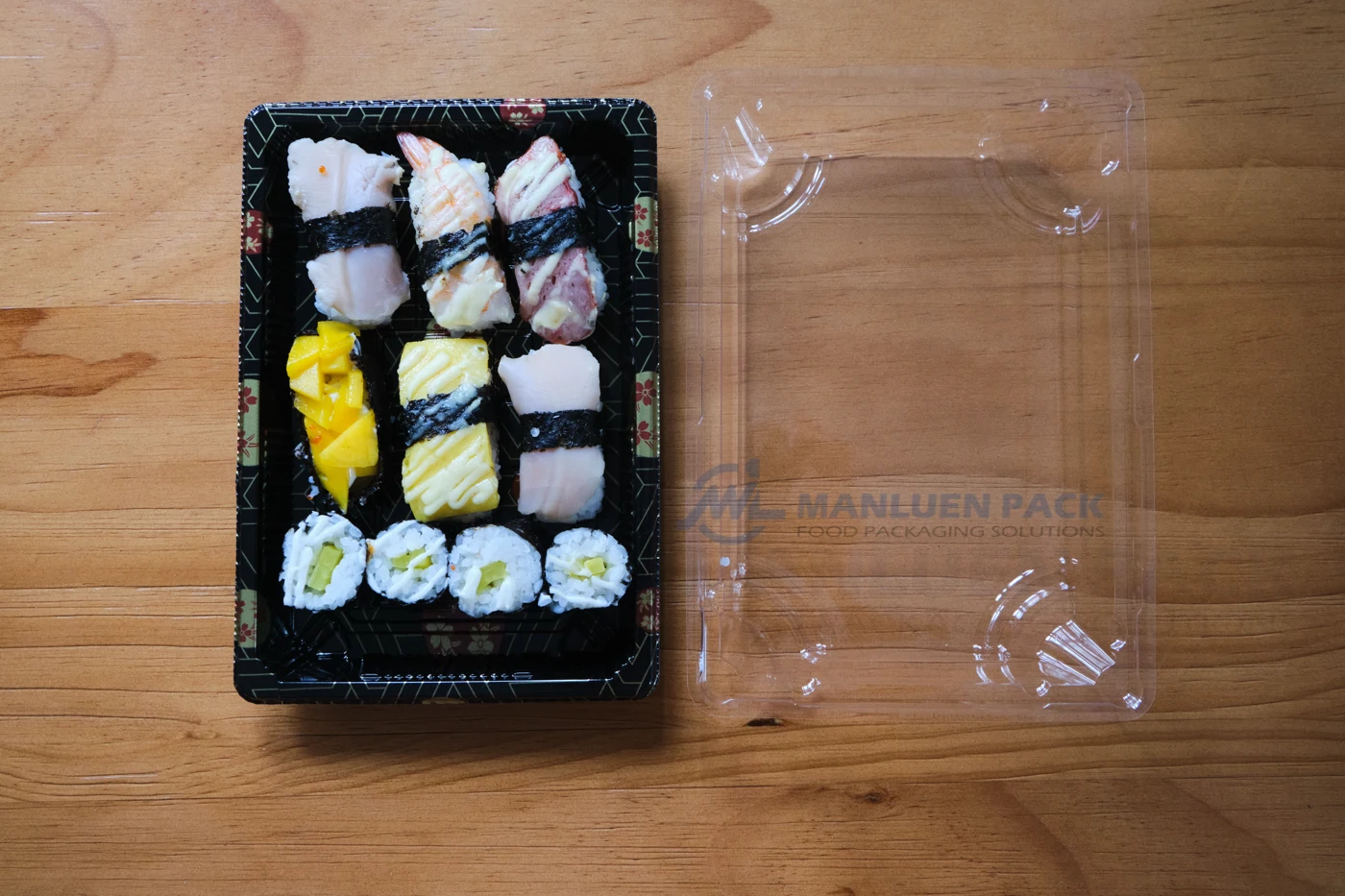 WL-05 Black Cherry Blossom Sushi Tray with Clear Lid | Manluen Pack WL-05 black cherry blossom sushi takeout container with fitted clear lid for chilled food display