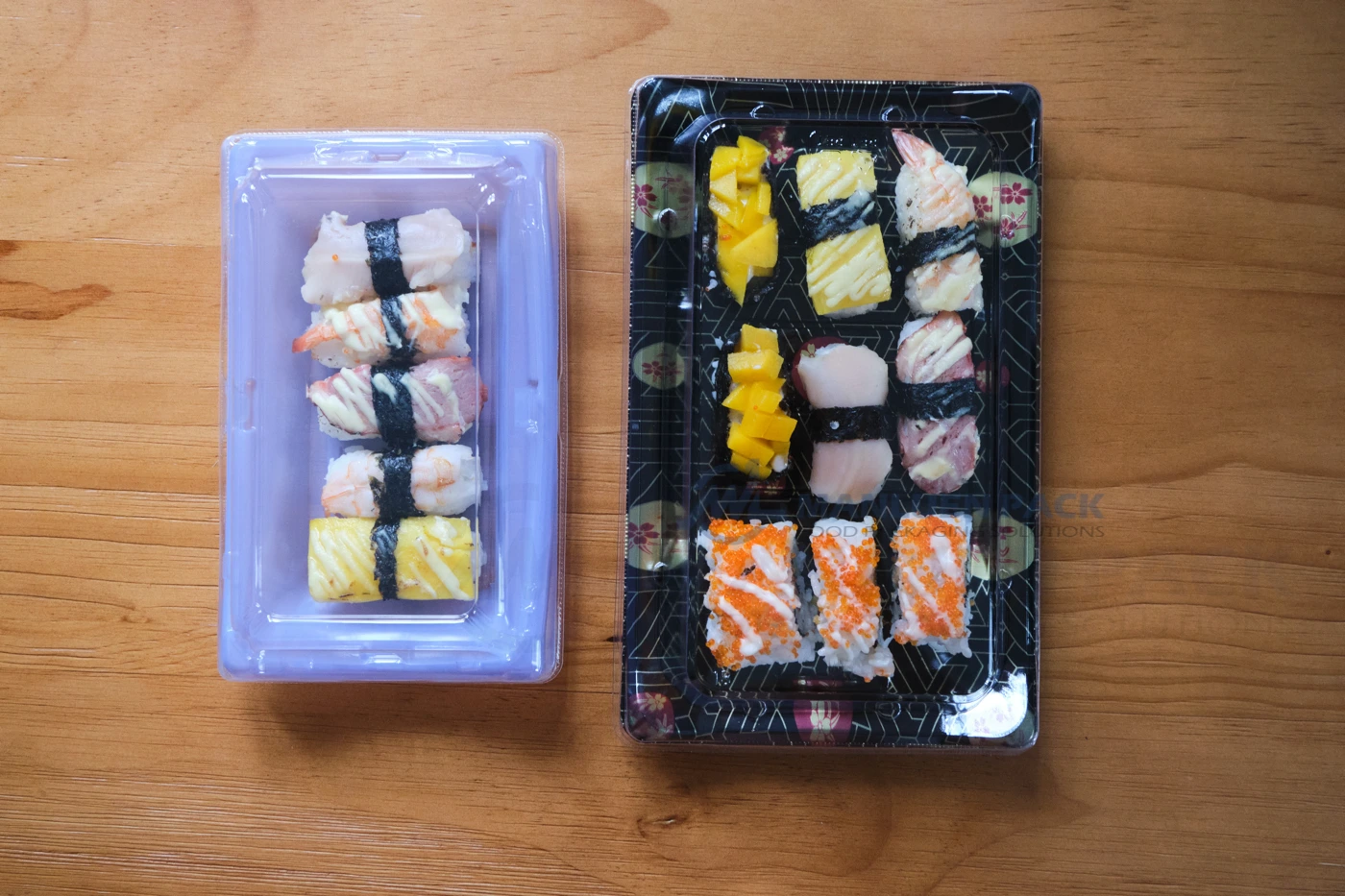Boat Shape Sushi Tray Multi Size Range | Manluen Pack boat shape sushi tray range in multiple sizes for takeaway, party platters and wholesale food packaging
