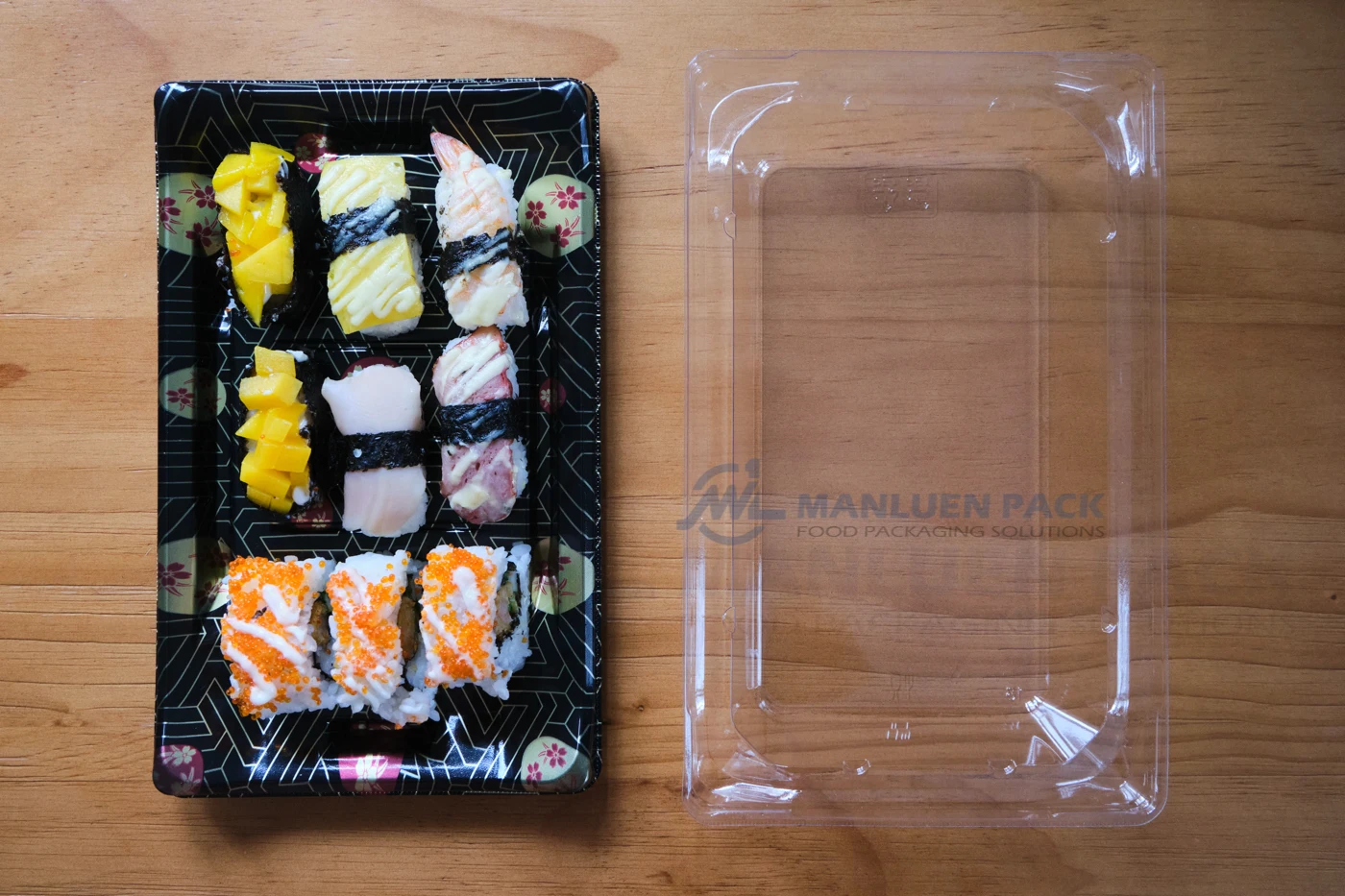 WL-B07 Boat Shape Sushi Tray Product View | Manluen Pack WL-B07 boat shape sushi tray for Japanese takeaway and prepared food presentation