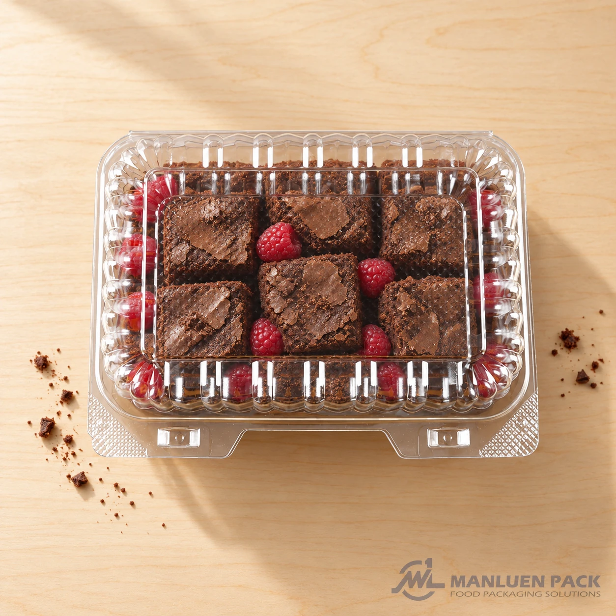 WL-CM003 Clear Clamshell Container with Brownies | Manluen Pack WL-CM003 clear clamshell container with brownies and raspberries for retail food display