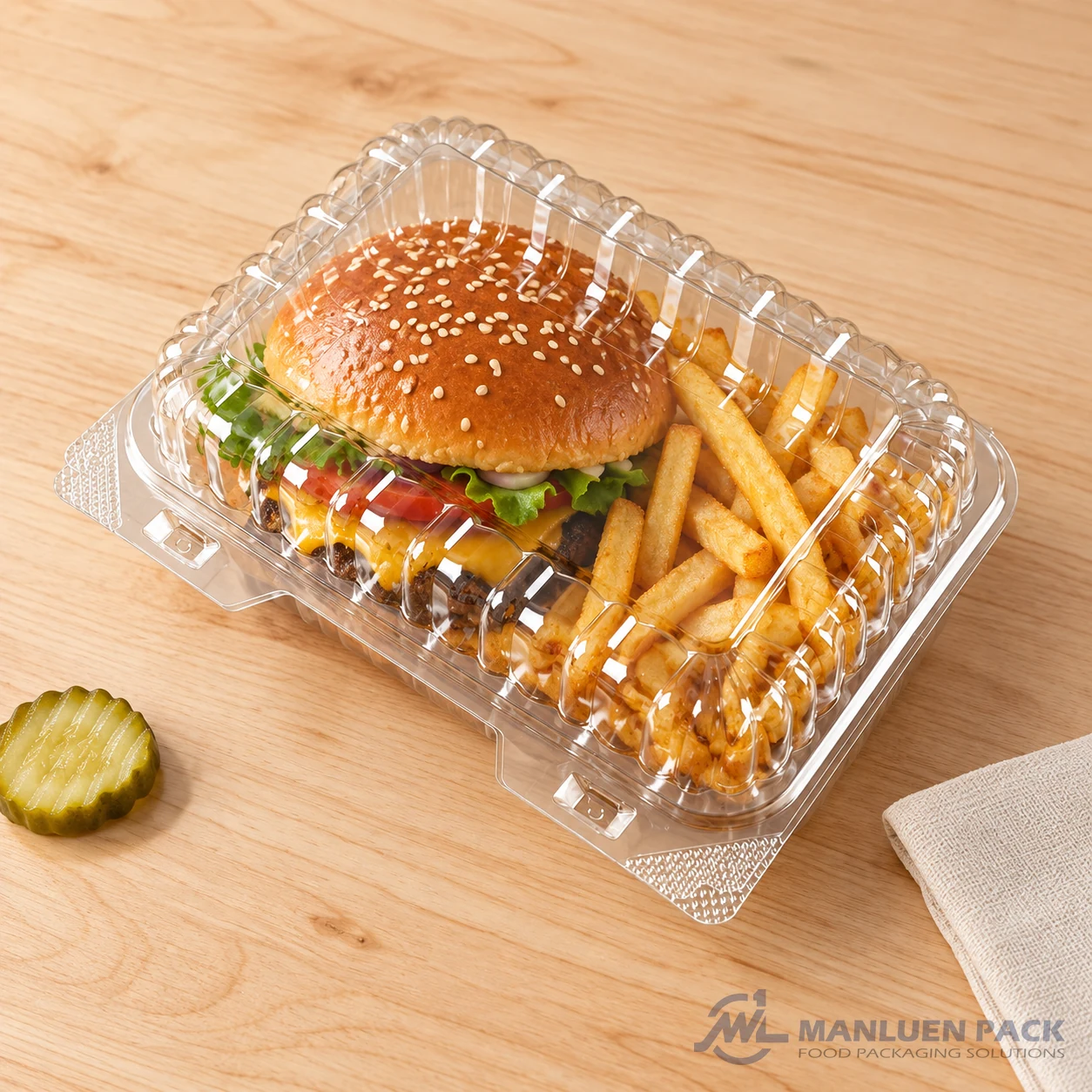 WL-CM003 Clear Clamshell Container with Burger and Fries | Manluen Pack WL-CM003 transparent OPS clamshell container with burger and fries