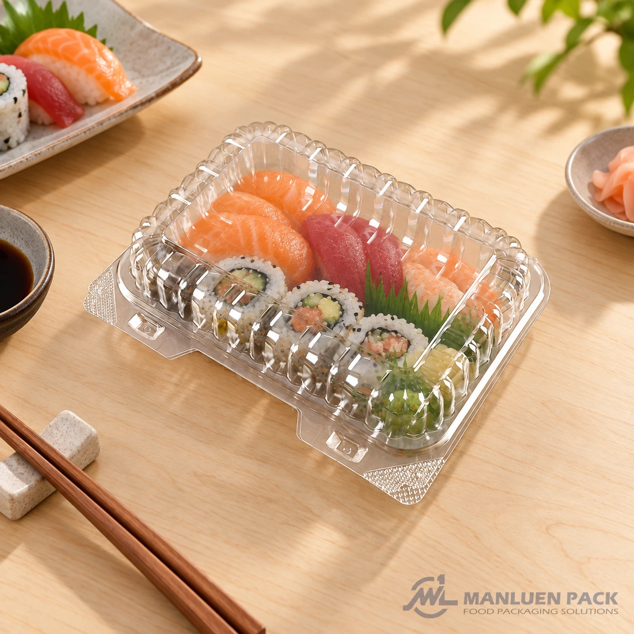 WL-CM003 Clear Sushi Clamshell Container | Manluen Pack WL-CM003 clear hinged clamshell container with sushi for takeaway and retail display