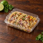 WL-CM003H closed plastic hinged clamshell food container filled with fish tacos in angled view