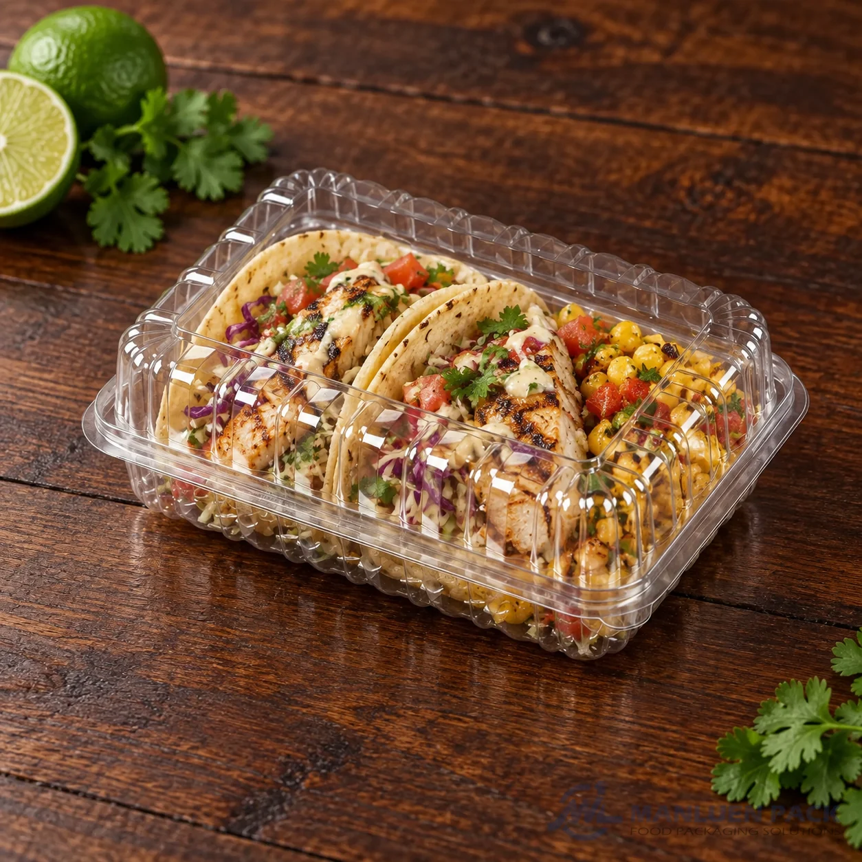 WL-CM003H closed plastic hinged clamshell food container filled with fish tacos in angled view
