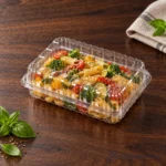 WL-CM003H closed plastic hinged clamshell food container filled with pasta primavera in front view