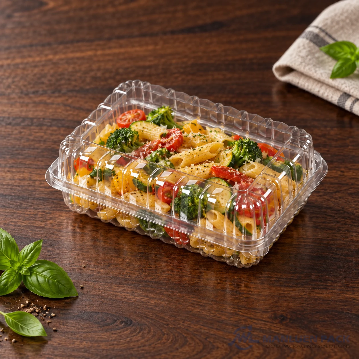 WL-CM003H closed plastic hinged clamshell food container filled with pasta primavera in front view