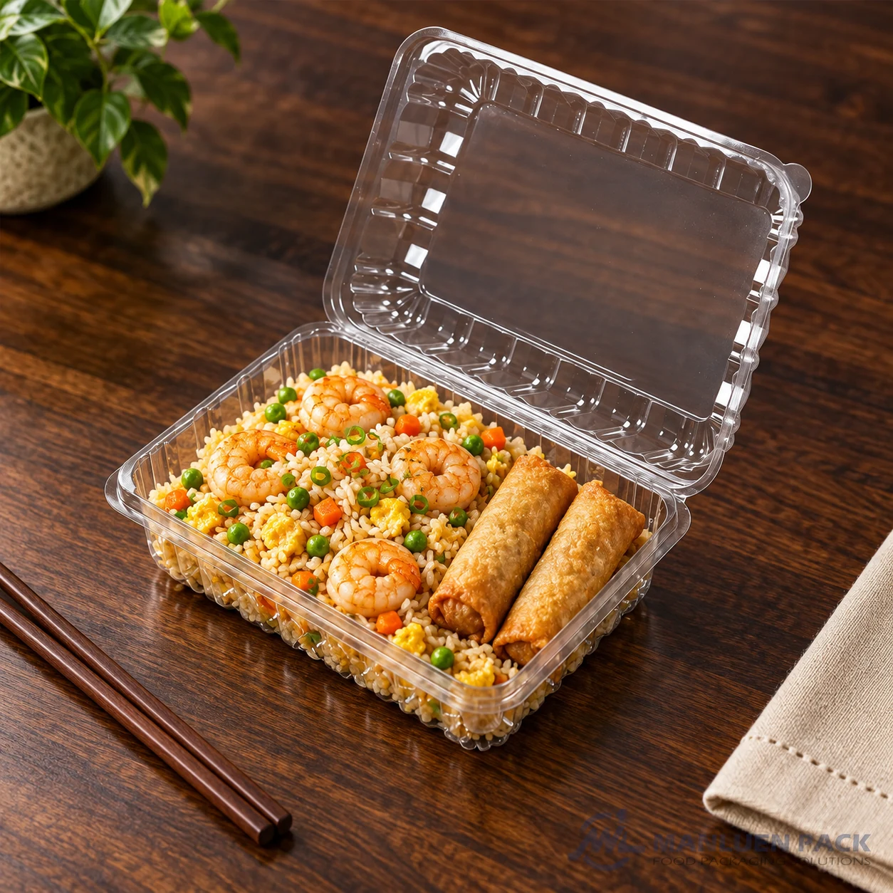 WL-CM003H Clear Clamshell with Shrimp Fried Rice | Manluen Pack WL-CM003H deep clear clamshell container with shrimp fried rice and spring rolls
