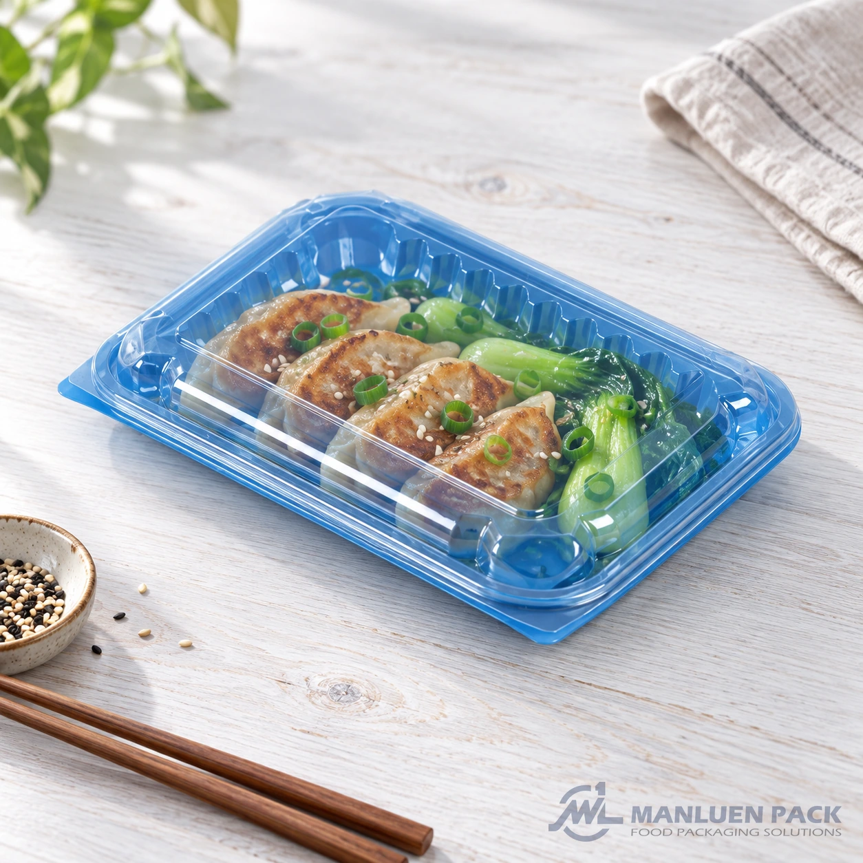WL-CM011 closed plastic hinged clamshell food container filled with dumplings bok choy in angled view
