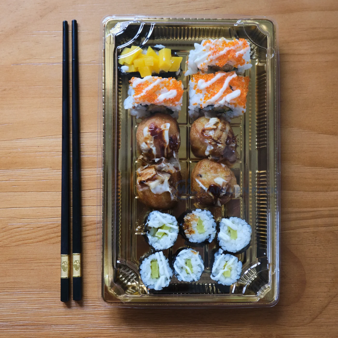 What Is PLA? Properties, Uses, Composting and Recycling 5 WL-09 gold sushi tray shown in a top-down detail