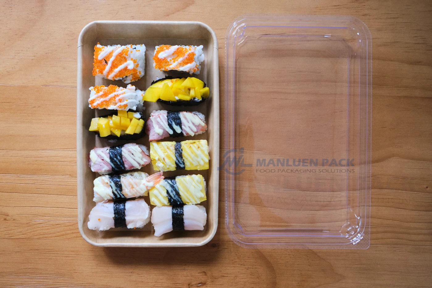 9# Kraft Paper Sushi Container with Clear PET Lid | Manluen Pack large kraft paper sushi container with fitted clear PET lid for takeaway food service