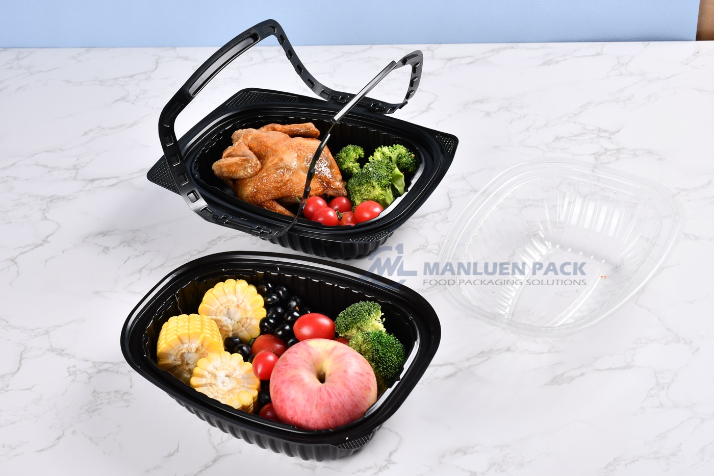 Chicken Takeout Container with Handle | Manluen Pack black chicken takeout container with handle for fried chicken and prepared food packaging