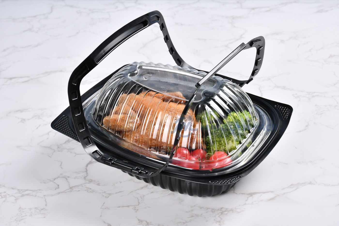 WL-A002C Roast Chicken Box with Handle | Manluen Pack WL-A002C black roast chicken box with handle and clear lid for takeaway packaging