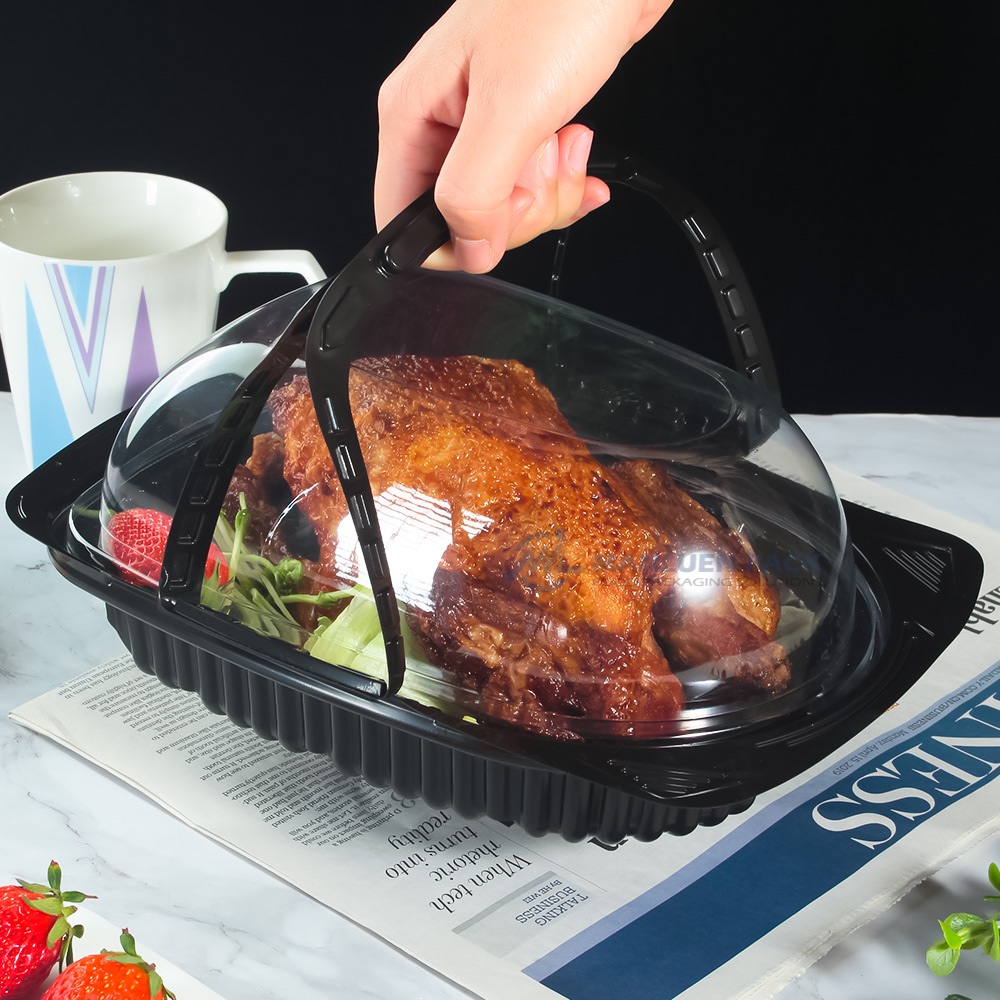 WL-A003C Large Rotisserie Chicken Container | Manluen Pack WL-A003C large black rotisserie chicken container for roast chicken and prepared food packaging
