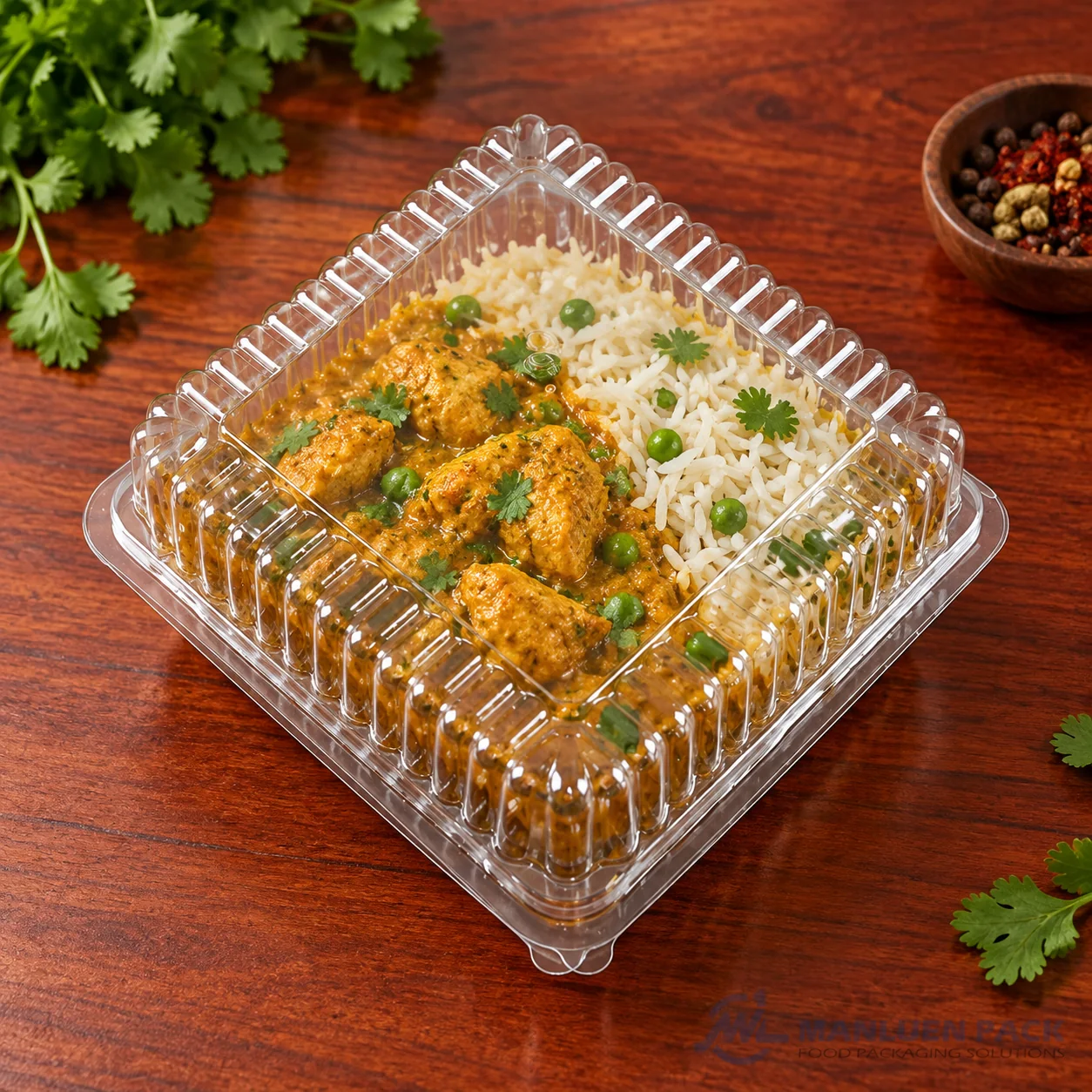WL-CM002 closed plastic hinged clamshell food container filled with chicken curry, rice and peas in angled view