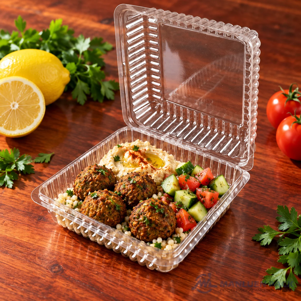 WL-CM002 open plastic hinged clamshell food container filled with falafel, couscous and hummus in angled view