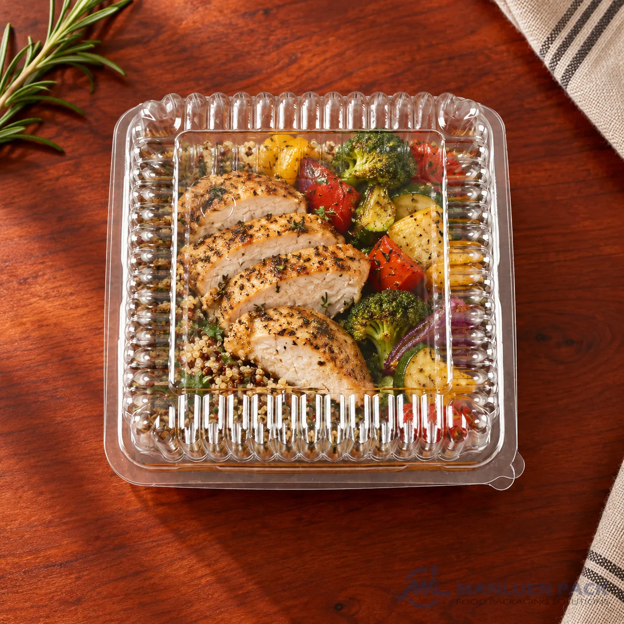 WL-CM002 closed plastic hinged clamshell food container filled with roast chicken, vegetables and quinoa in top view