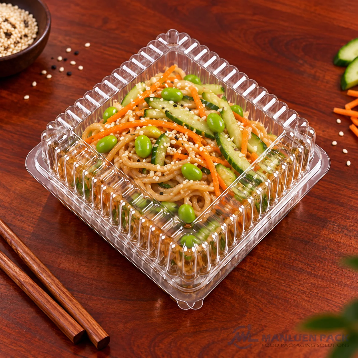 WL-CM002 Clear Clamshell with Sesame Noodles and Edamame | Manluen Pack WL-CM002 transparent OPS clamshell container with sesame noodles and edamame