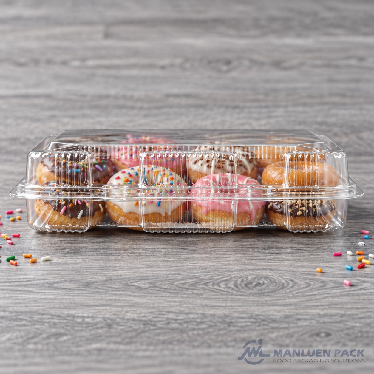 WL-CM004 closed plastic hinged clamshell food container filled with assorted doughnuts in side view