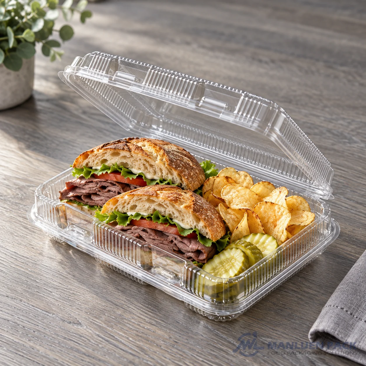 WL-CM004 Clear Clamshell with Roast Beef Sandwich and Chips | Manluen Pack WL-CM004 clear clamshell container with roast beef sandwich and chips for takeaway