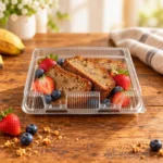 WL-CM005 closed plastic hinged clamshell food container filled with banana bread and berries in front view