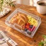 WL-CM005 closed plastic hinged clamshell food container filled with croissant breakfast in angled view