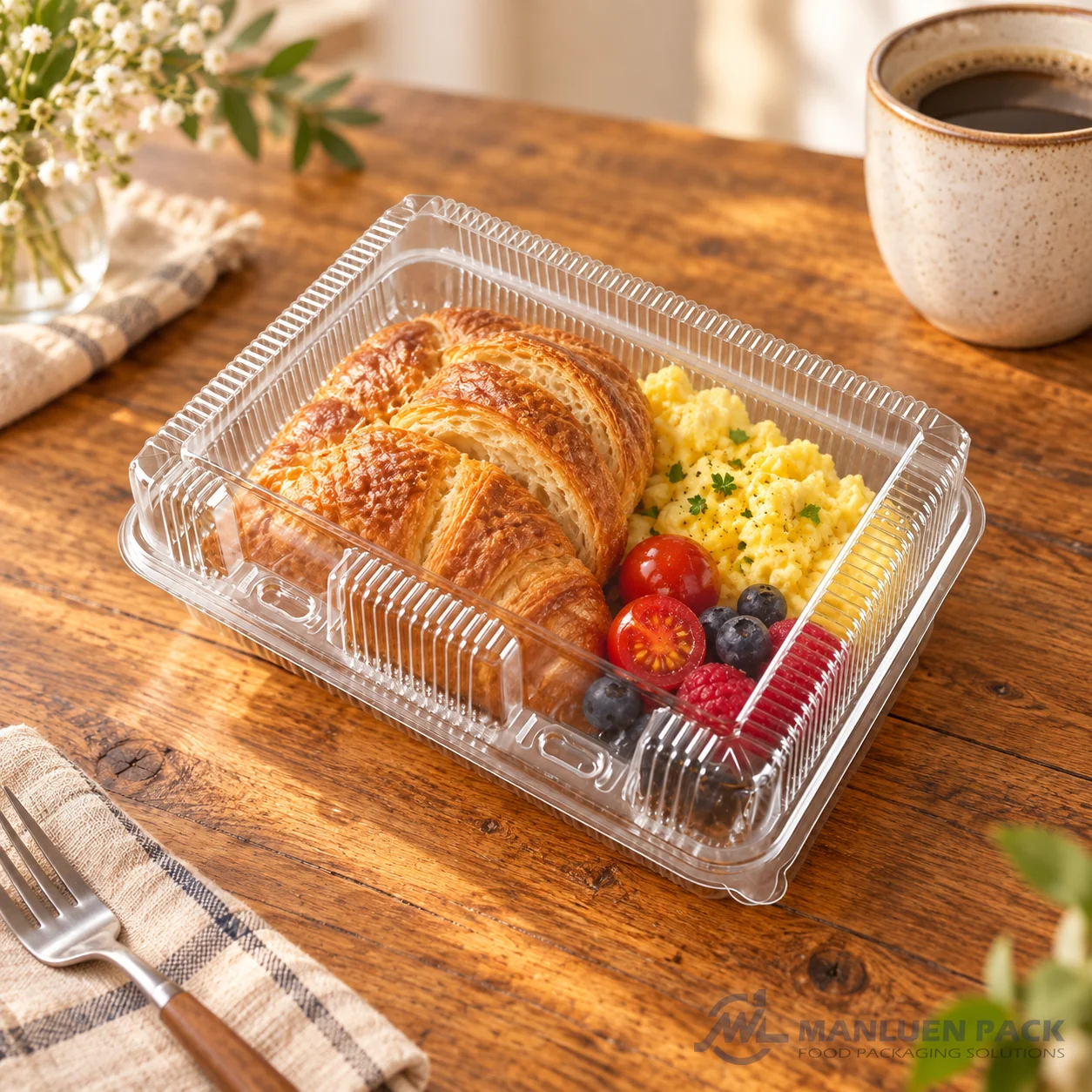 WL-CM005 closed plastic hinged clamshell food container filled with croissant breakfast in angled view