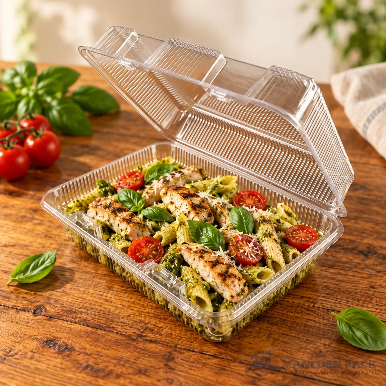 WL-CM005 open plastic hinged clamshell food container filled with grilled chicken pesto pasta in angled view