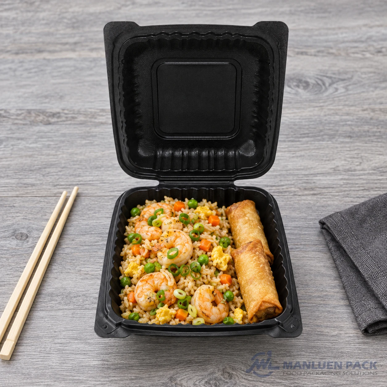 Wl P91 Black Clamshell Box Open Front Shrimp Fried Rice