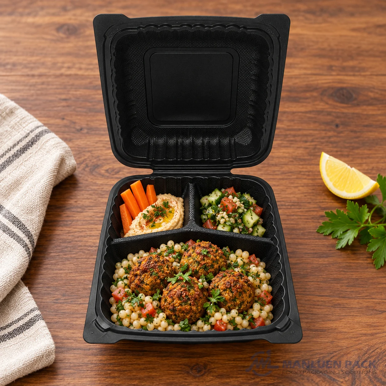 Wl P93 Black Clamshell Box Open Front Falafel Couscous