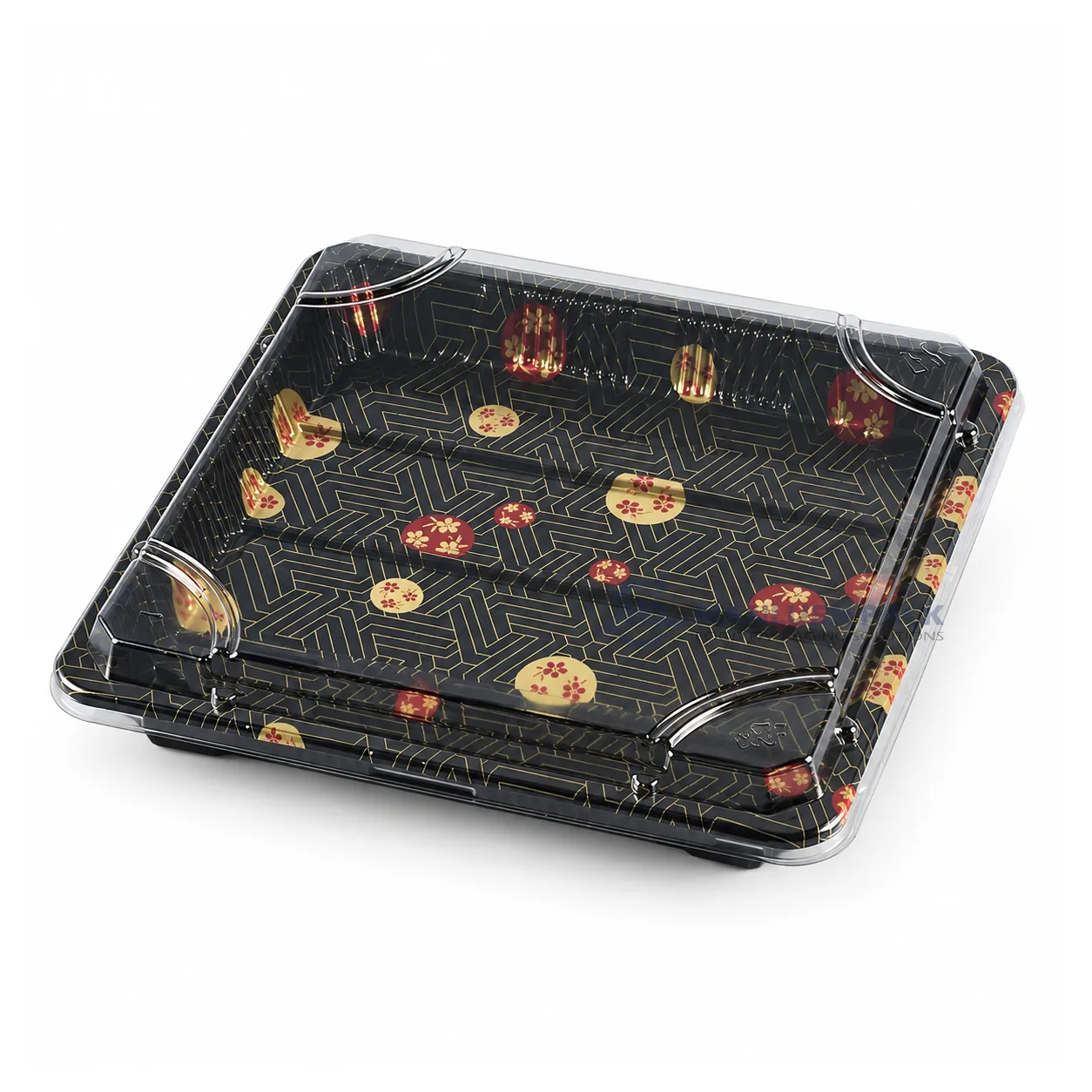 WL-3114 square black Sakura sushi container with a clear lid, shown at an angled view.